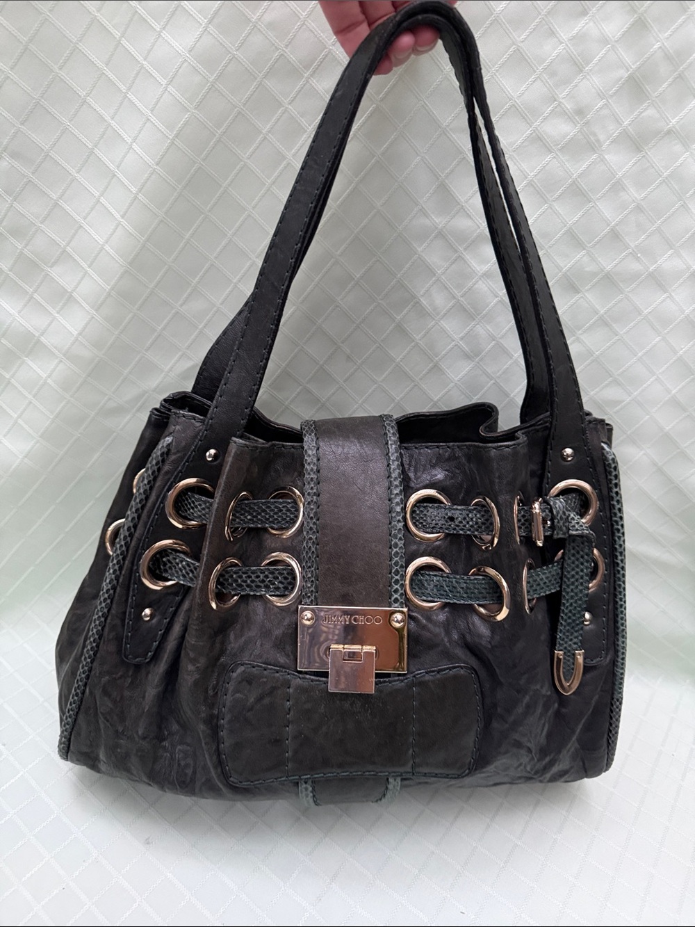 Jimmy Choo Dark Green Leather Shoulder Bag with Gold Hardware - Picture 3 of 13